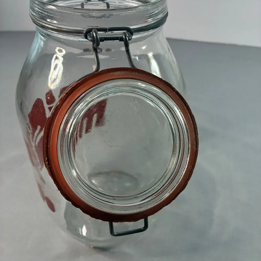 Vintage 3L Glass Storage Jar Clamp Lid Red Retro Graphic Kitchen Canister 11 In